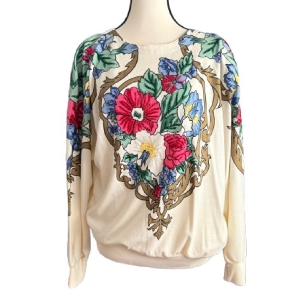 Vintage 80’s Beaded Floral Sweatshirt Top by P.A .International Size Large